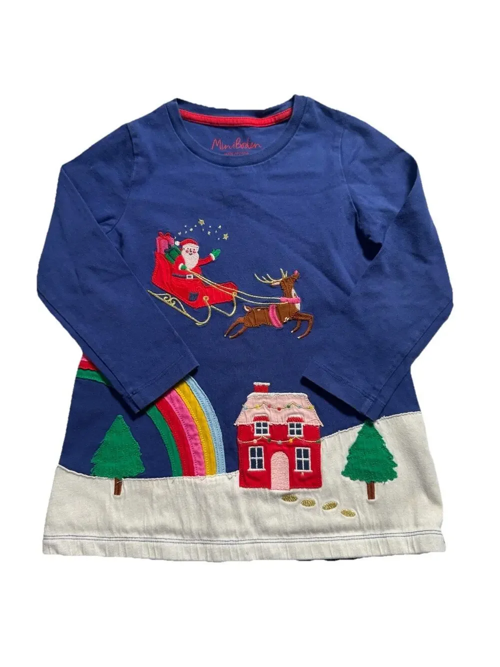 Mini Boden Girls 3-4Y Christmas Applique Dress Santa Sleigh Rainbow House